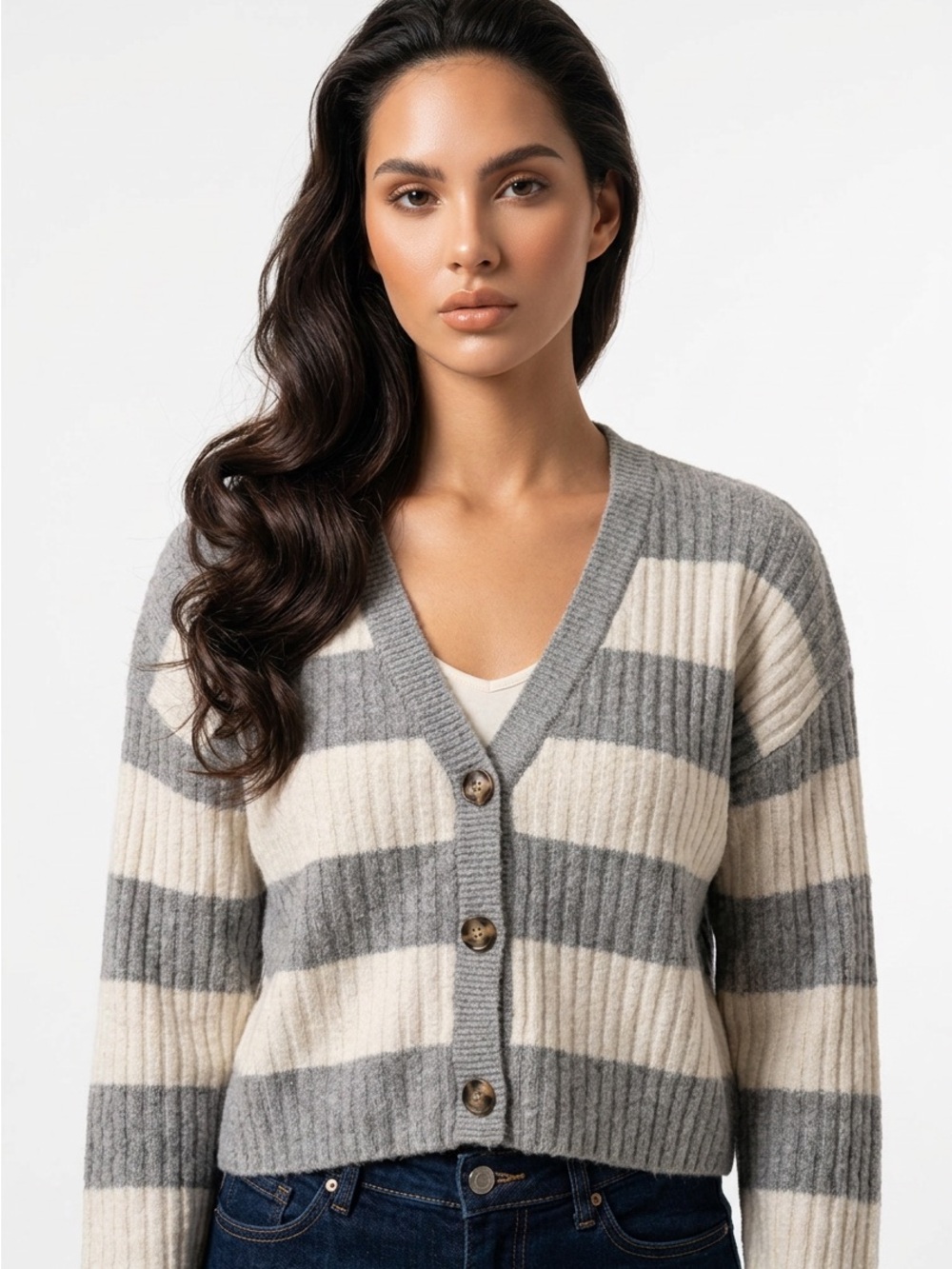 Pink Republic Women's Gray Striped Cardigan Sweater‎ Size S V-Neck